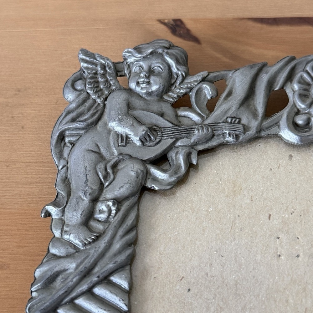 Vtg Cherub Picture Frame Pewter Angel Floral 90s Silver Metal Gift Valentine - Picture 7 of 12